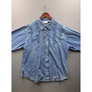 Carolina Blues Womens 18 Blue Denim Ruffle Button Down Shirt Long Sleeve Cotton